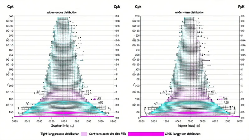 Side-by-side Cpk and Ppk distribution charts comparing short-term and long-term process capability
