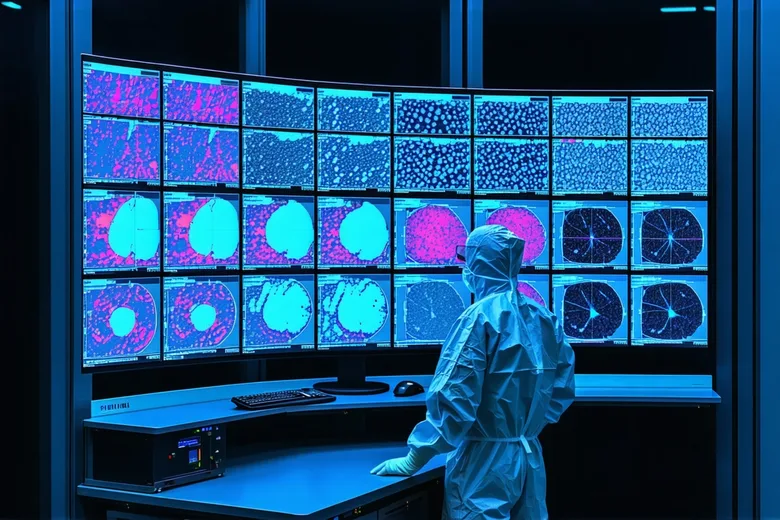 Fab engineer reviewing wafer inspection data on a dark control station monitor, excursion alert visible