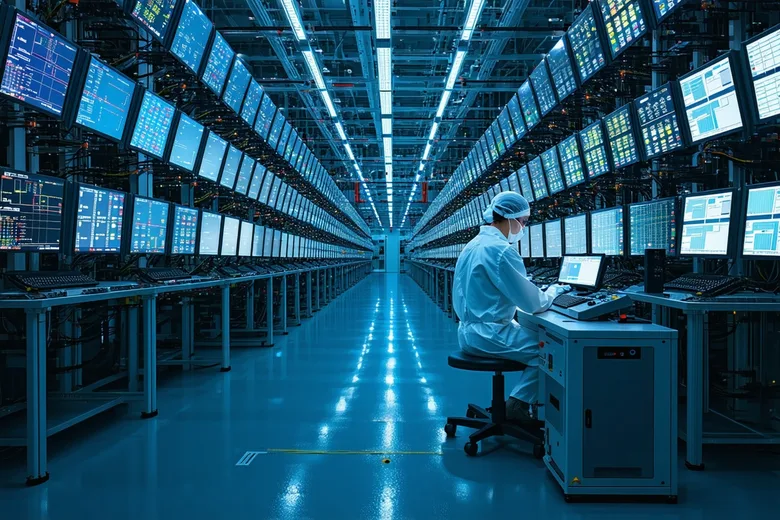 OSAT test floor with automated wafer probe station and yield monitoring screens